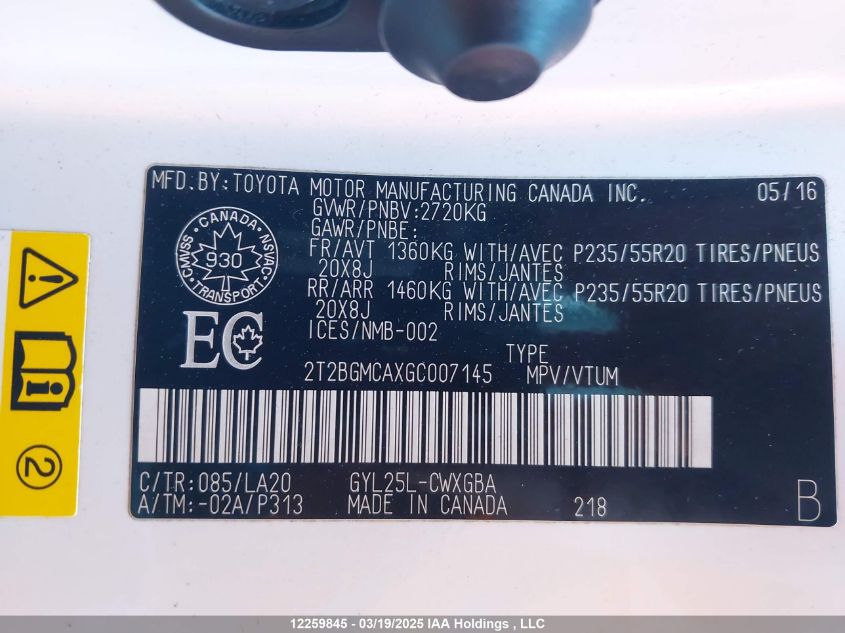 2016 Lexus Rx 450H/Base/F Sport VIN: 2T2BGMCAXGC007145 Lot: 12259845