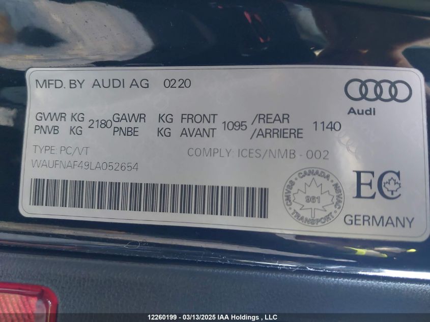 2020 Audi A4 VIN: WAUFNAF49LA052654 Lot: 12260199