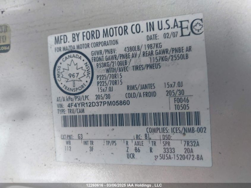 2007 Mazda B-Series VIN: 4F4YR12D37PM05860 Lot: 12260616