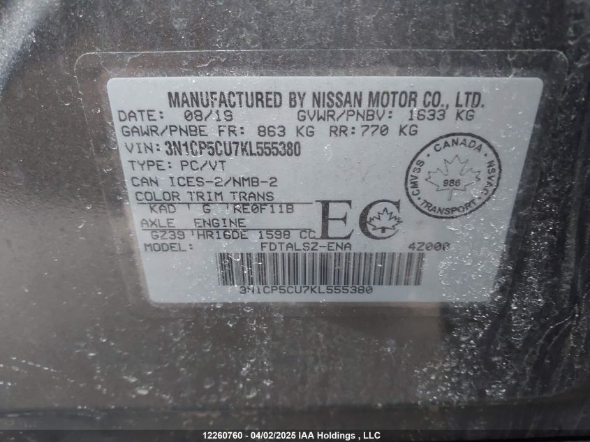 2019 Nissan Kicks S/Sr/Sv VIN: 3N1CP5CU7KL555380 Lot: 12260760
