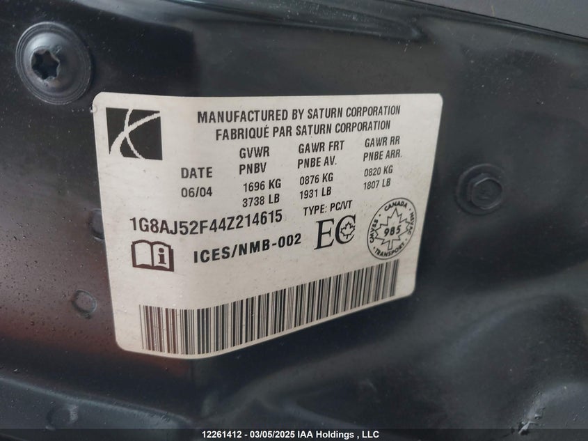 1G8AJ52F44Z214615 2004 SATURN ION photo no. 9