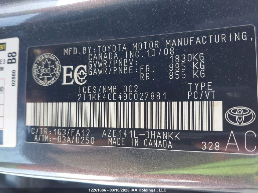 2009 Toyota Matrix Xr VIN: 2T1KE40E49C027881 Lot: 12261886