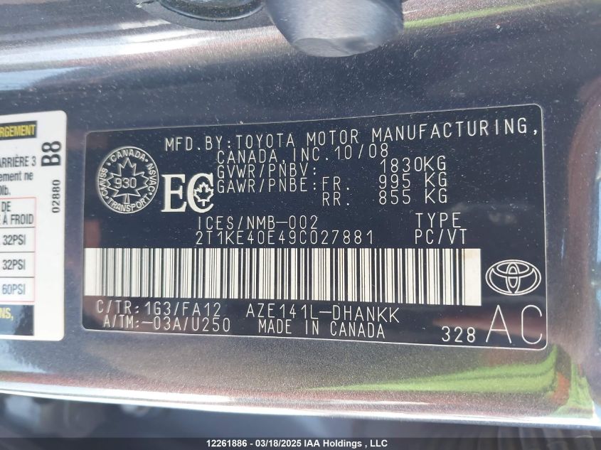 2009 Toyota Matrix Xr VIN: 2T1KE40E49C027881 Lot: 12261886