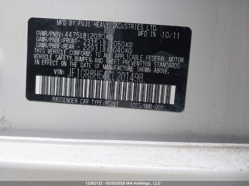 2012 Subaru Wrx Sti Sport-Tech VIN: JF1GR8H64CL201498 Lot: 12262132