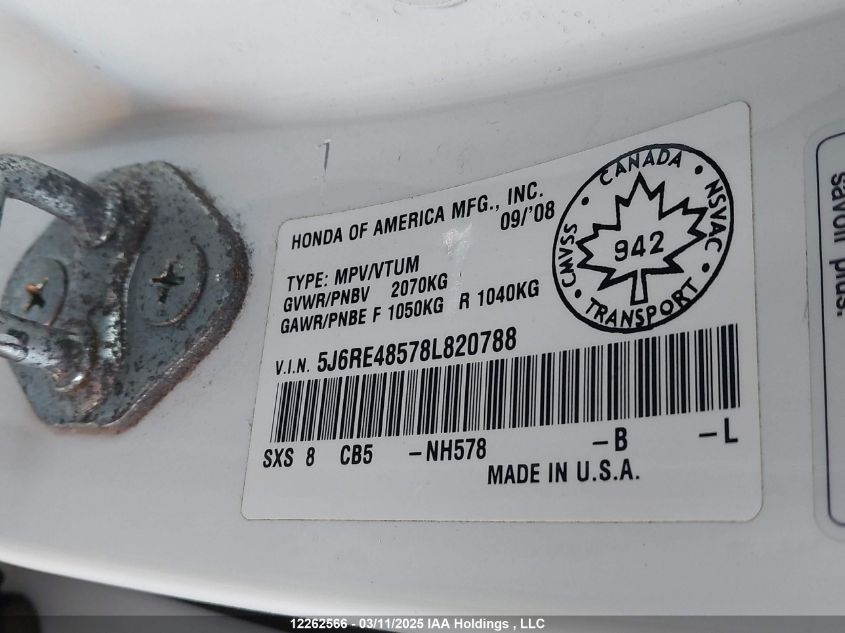 2008 Honda Cr-V VIN: 5J6RE48578L820788 Lot: 12262566
