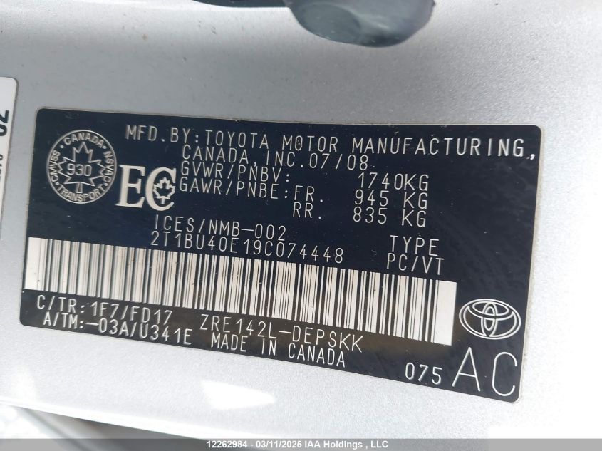 2009 Toyota Corolla Le VIN: 2T1BU40E19C074448 Lot: 12262984