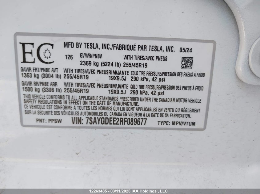 7SAYGDEE2RF089677 2024 TESLA MODEL Y photo no. 9