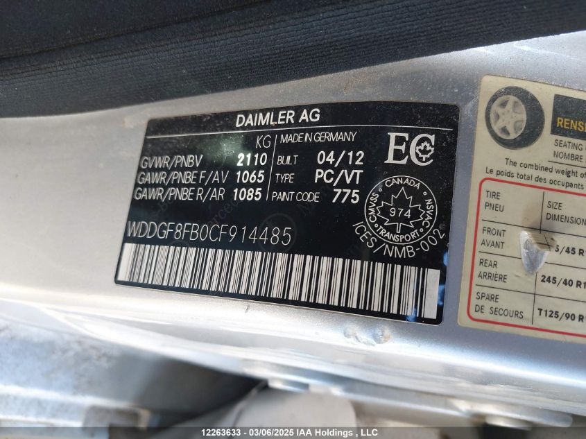 2012 Mercedes-Benz C 250 4Matic VIN: WDDGF8FB0CF914485 Lot: 12263633