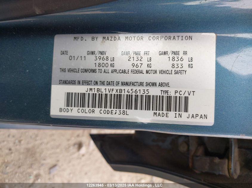 2011 Mazda Mazda3 VIN: JM1BL1VFXB1456135 Lot: 12263945