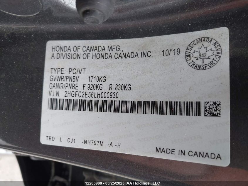 2020 Honda Civic Lx VIN: 2HGFC2E56LH000930 Lot: 12263980
