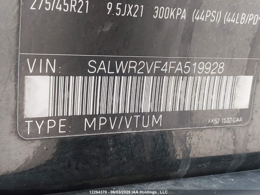 2015 Land Rover Range Rover Sport VIN: SALWR2VF4FA519928 Lot: 12264370