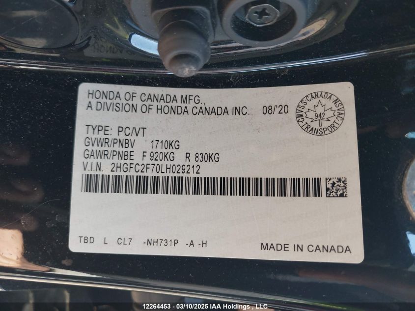 2020 Honda Civic Sedan VIN: 2HGFC2F70LH029212 Lot: 12264453