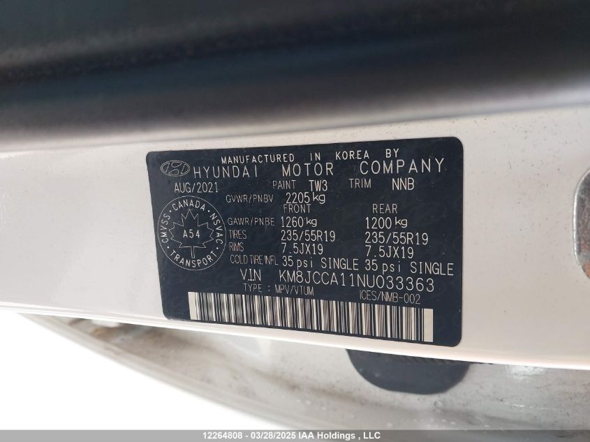 2022 Hyundai Tucson Hybrid VIN: KM8JCCA11NU033363 Lot: 12264808