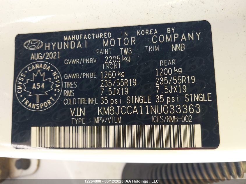 2022 Hyundai Tucson Hybrid VIN: KM8JCCA11NU033363 Lot: 12264808