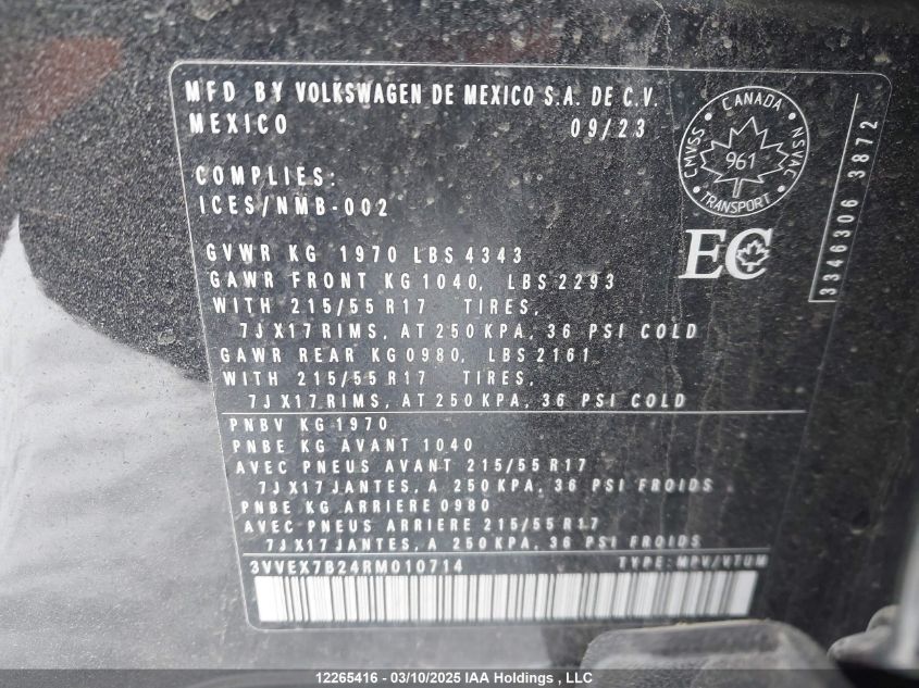 2024 Volkswagen Taos VIN: 3VVEX7B24RM010714 Lot: 12265416