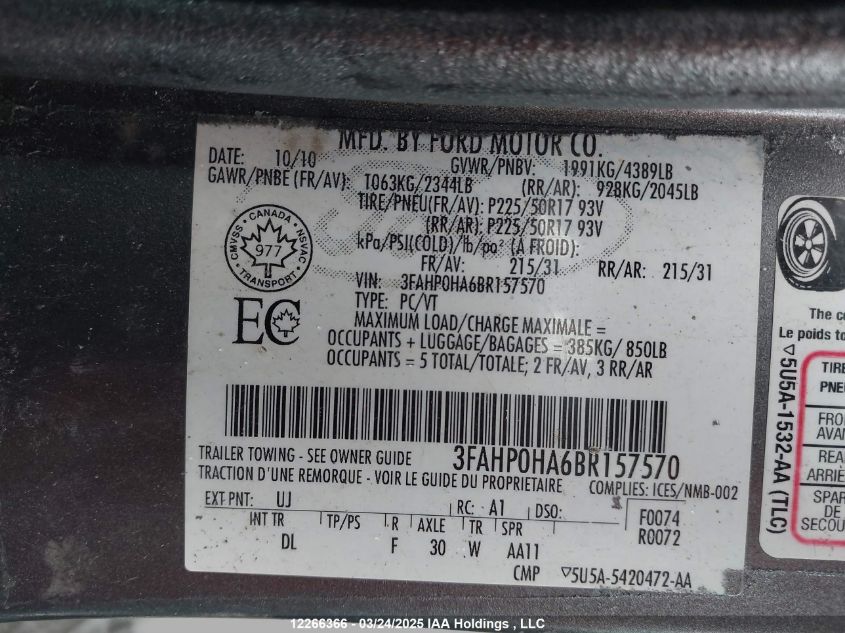 2011 Ford Fusion Se VIN: 3FAHP0HA6BR157570 Lot: 12266366