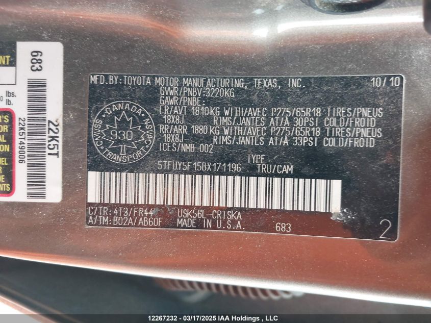 2011 Toyota Tundra Sr5 5.7L V8 VIN: 5TFUY5F15BX171196 Lot: 12267232