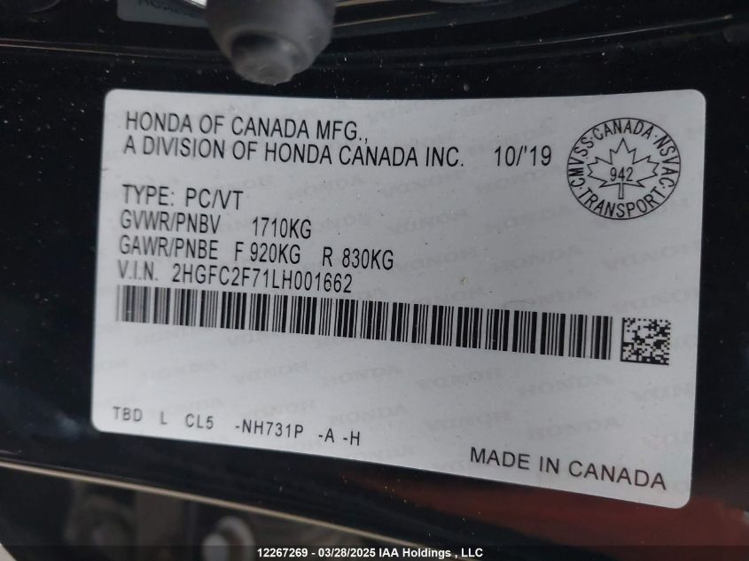 2020 Honda Civic Ex 4Dr VIN: 2HGFC2F71LH001662 Lot: 12267269