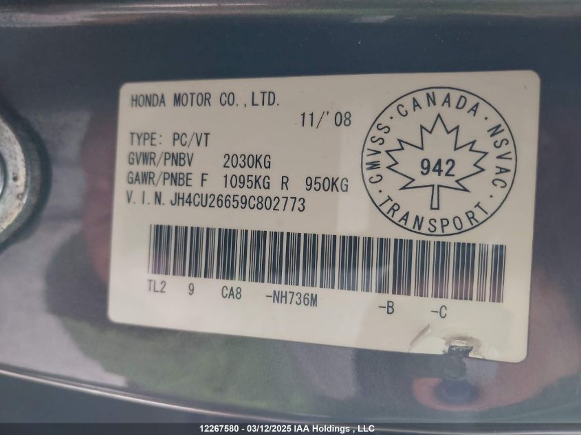 2009 Acura Tsx VIN: JH4CU26659C802773 Lot: 12267580