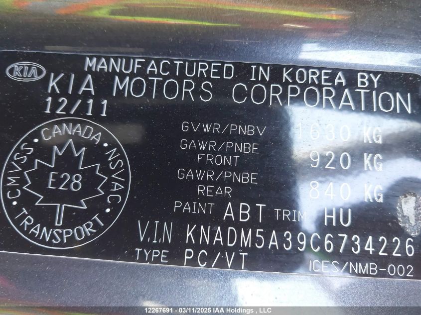 2012 Kia Rio VIN: KNADM5A39C6734226 Lot: 12267691