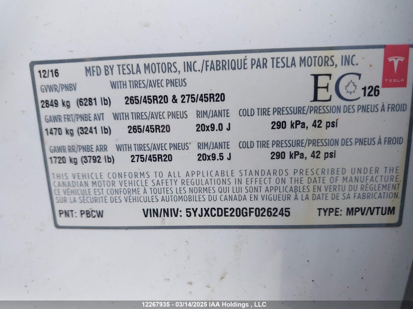 2016 Tesla Model X 60D/70D/75D/90D VIN: 5YJXCDE20GF026245 Lot: 12267935