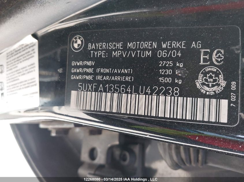 2004 BMW X5 3.0I VIN: 5UXFA13564LU42238 Lot: 12268080