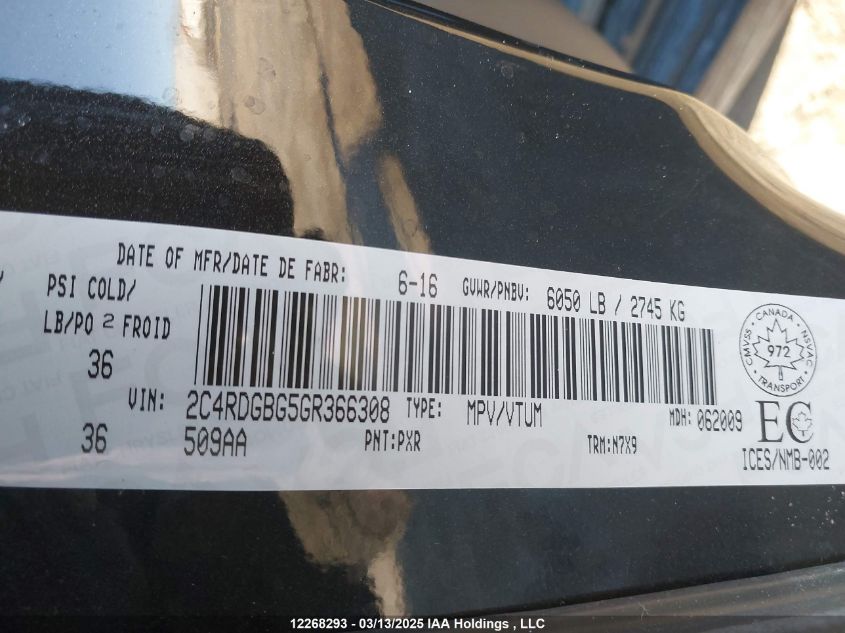 2016 Dodge Grand Caravan Se/Sxt VIN: 2C4RDGBG5GR366308 Lot: 12268293