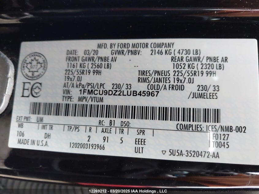 1FMCU9DZ2LUB45967 2020 FORD ESCAPE photo no. 9