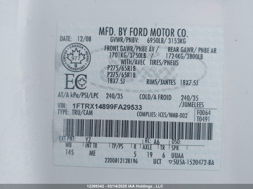 1FTRX14899FA29533 2009 FORD F-150 photo no. 9