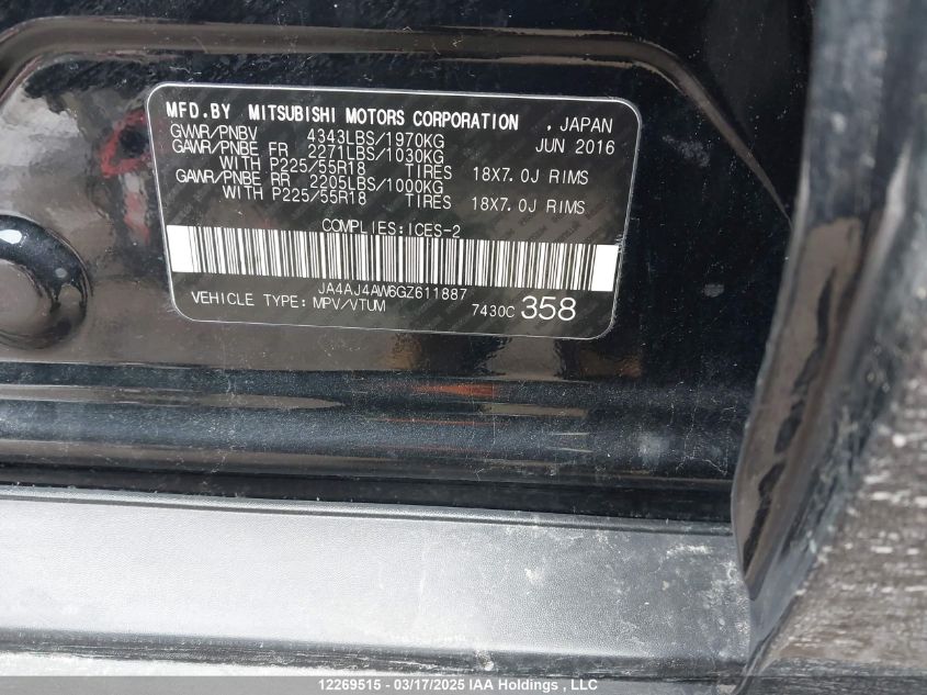 2016 Mitsubishi Rvr VIN: JA4AJ4AW6GZ611887 Lot: 12269515