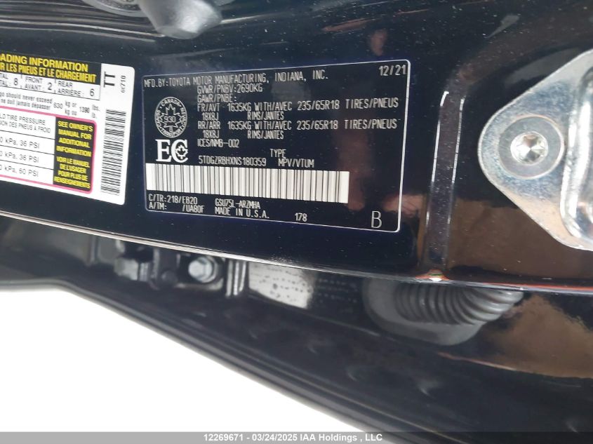 2022 Toyota Highlander Xle VIN: 5TDGZRBHXNS180359 Lot: 12269671