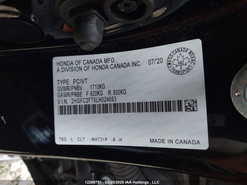 2020 Honda Civic Ex 4Dr VIN: 2HGFC2F76LH024693 Lot: 12269751