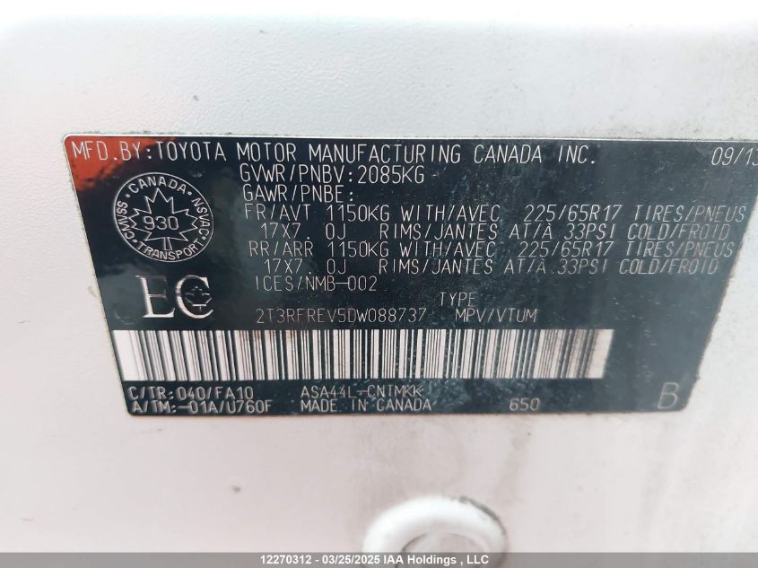 2013 Toyota Rav4 VIN: 2T3RFREV5DW088737 Lot: 12270312