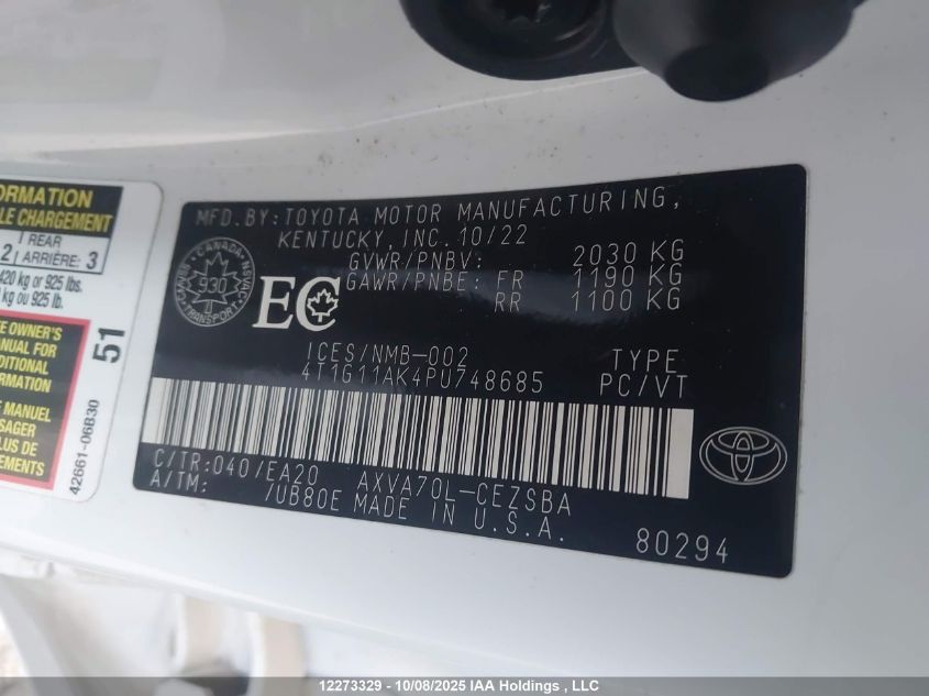 2023 Toyota Camry Se Night Shade/Se VIN: 4T1G11AK4PU748685 Lot: 12273329