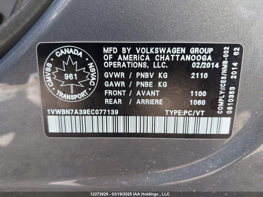 2014 Volkswagen Passat Se VIN: 1VWBN7A39EC077139 Lot: 12273929