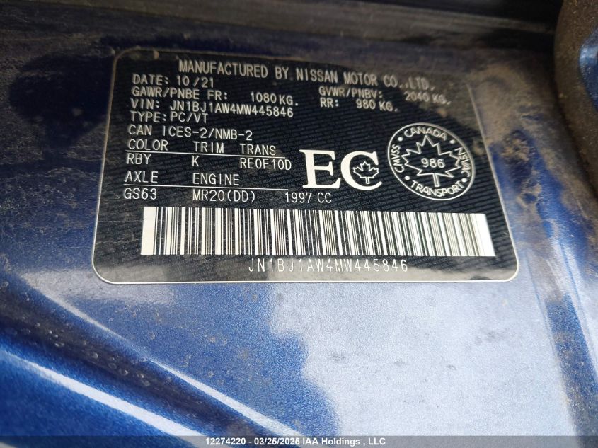 2021 Nissan Qashqai S VIN: JN1BJ1AW4MW445846 Lot: 12274220