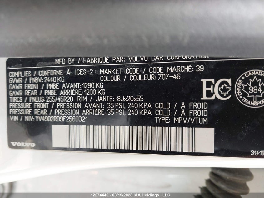 2015 Volvo Xc60 T6/Platinum VIN: YV4902RD9F2569321 Lot: 12274440