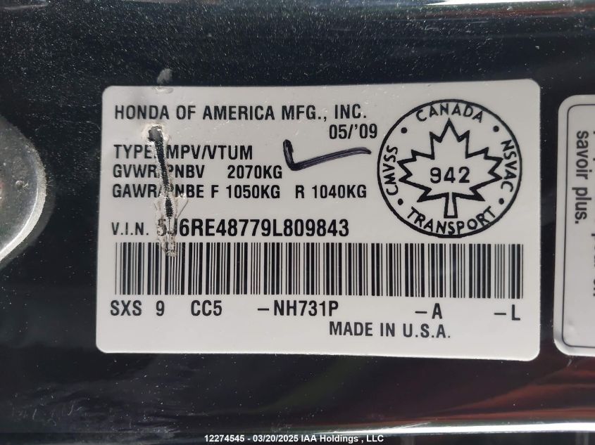 2009 Honda Cr-V VIN: 5J6RE48779L809843 Lot: 12274545