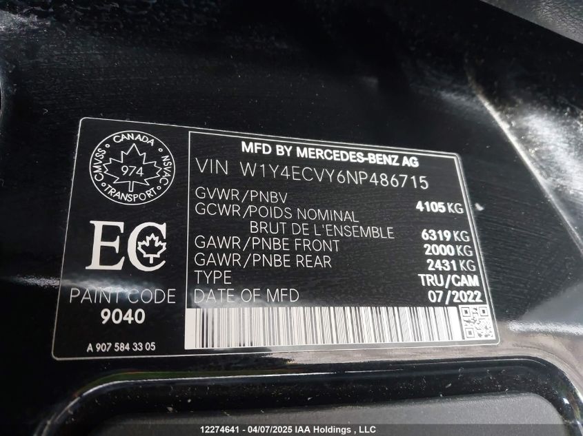 2022 Mercedes-Benz Sprinter 2500 VIN: W1Y4ECVY6NP486715 Lot: 12274641