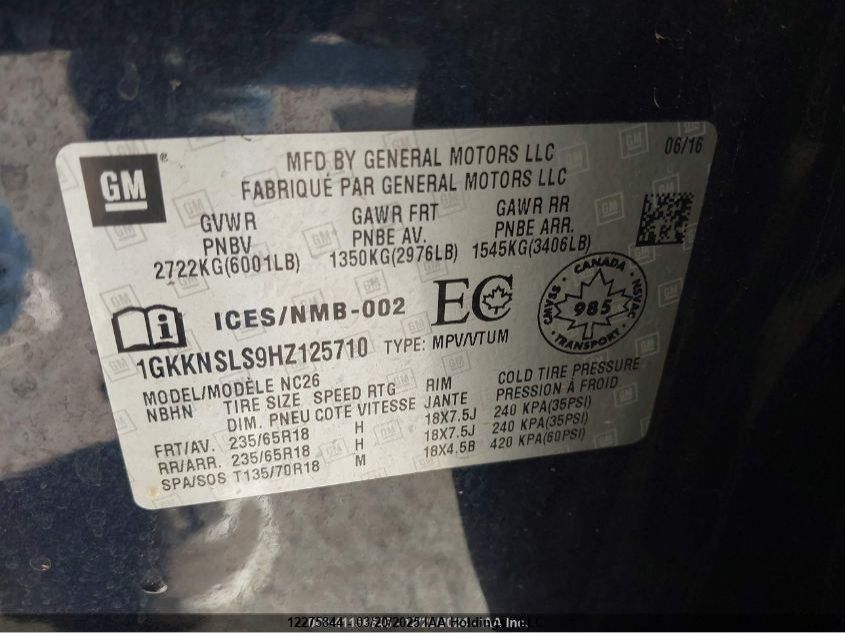 2017 GMC Acadia VIN: 1GKKNSLS9HZ125710 Lot: 12275844