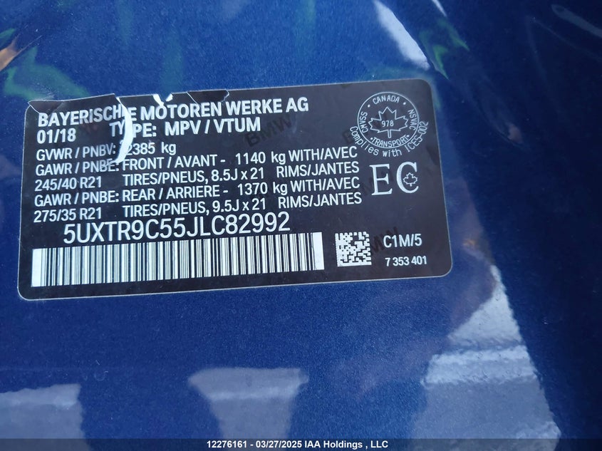 Auction sale of the 2018 BMW X3 , vin: 5UXTR9C55JLC82992, lot number: 12276161