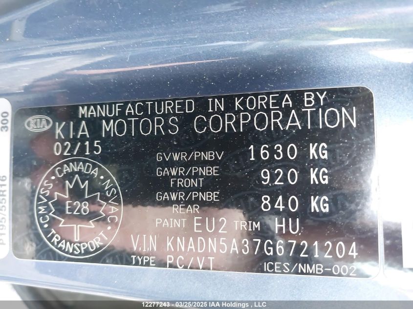 2016 Kia Rio Ex/Ex+ W/Sunroof/Lx/Lx+/Lx+ Eco/Sx VIN: KNADN5A37G6721204 Lot: 12277243