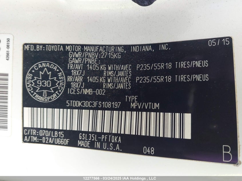 2015 Toyota Sienna Xle 7 Passenger VIN: 5TDDK3DC3FS108197 Lot: 12277566