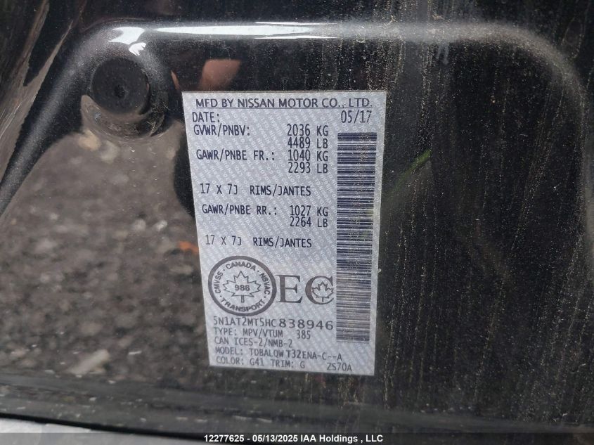 2017 Nissan Rogue VIN: 5N1AT2MT5HC838946 Lot: 12277625