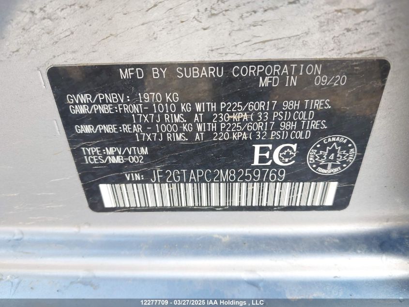 2021 Subaru Crosstrek Premium VIN: JF2GTAPC2M8259769 Lot: 12277709