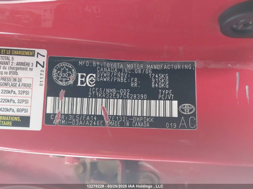 2007 Toyota Matrix Xr VIN: 2T1KR32E97C628390 Lot: 12278229