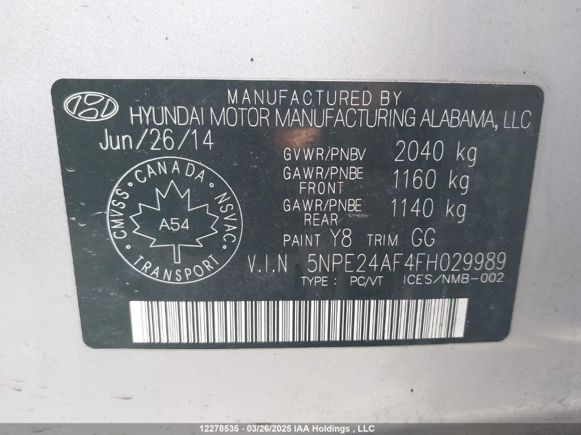 2015 Hyundai Sonata Se VIN: 5NPE24AF4FH029989 Lot: 12278535