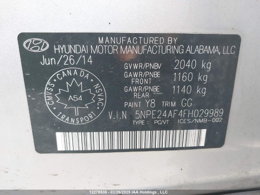 2015 Hyundai Sonata Se VIN: 5NPE24AF4FH029989 Lot: 12278535