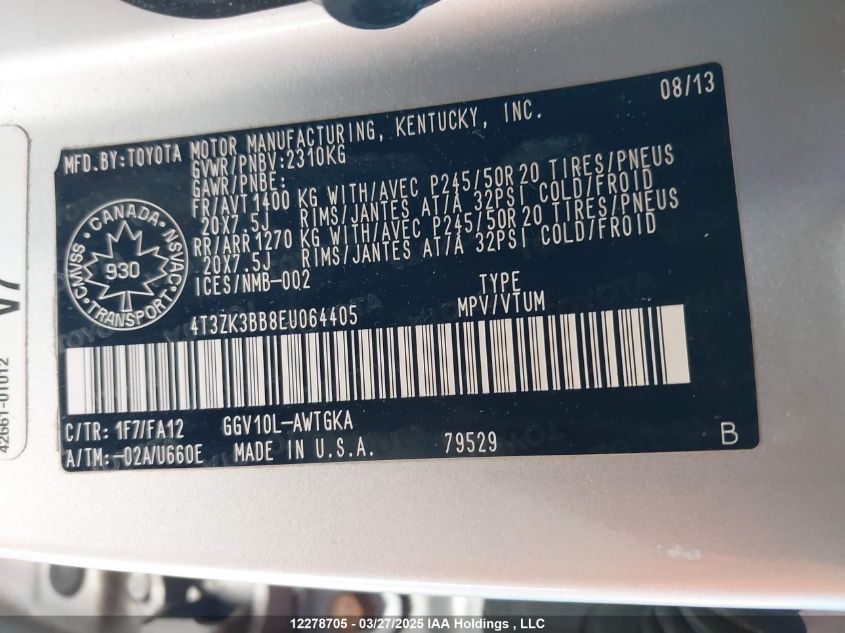 2014 Toyota Venza Le/Xle/Limited VIN: 4T3ZK3BB8EU064405 Lot: 12278705