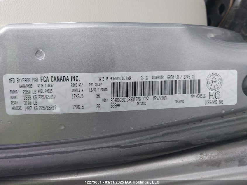 2016 Dodge Grand Caravan Se VIN: 2C4RDGBG1GR331376 Lot: 12279851